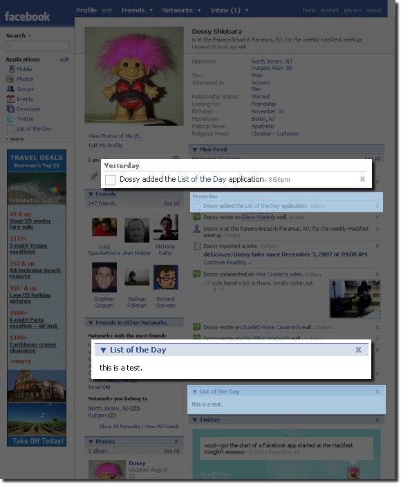 Facebook List of the Day app screenshot, 2007-12-11