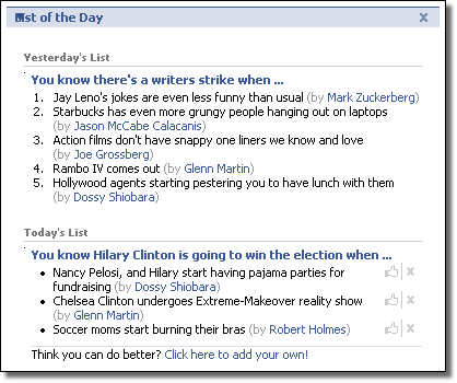 Facebook List of the Day app. screenshot, 2008-01-08