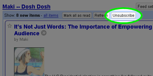 Google Reader Unsubscribe button screenshot