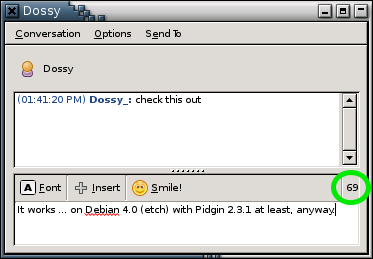 Screenshot of character counting plugin for Pidgin on Debian 4.0 (etch)