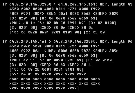 Screenshot of hand-annotated tcpdump of an SNMP request/response pair